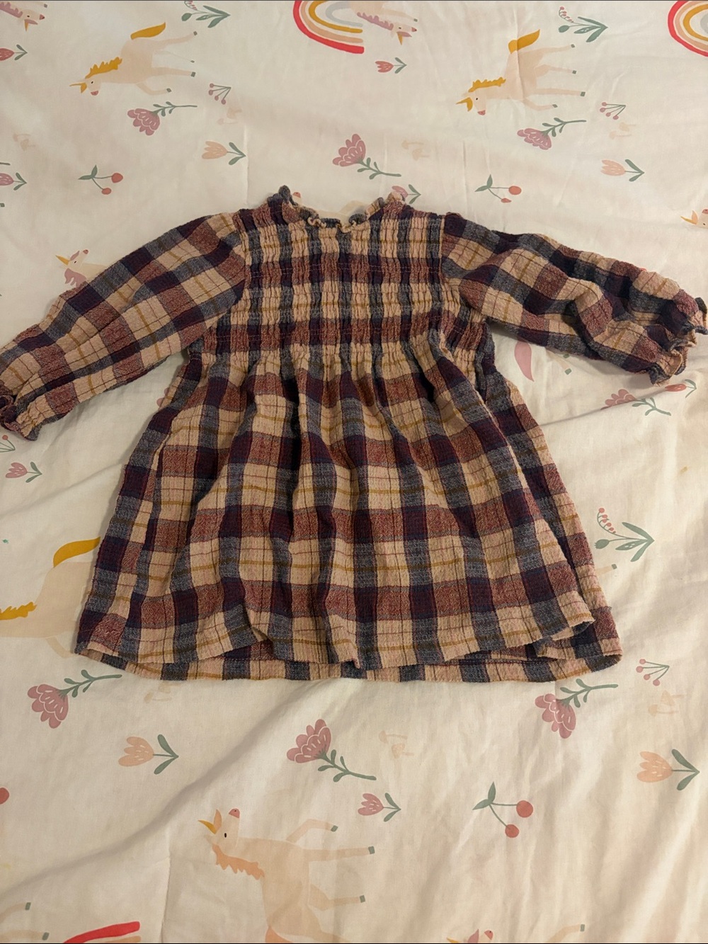 Zara Plaid Smocked Long-Sleeve Dress in Beige, Navy, Burgundy
